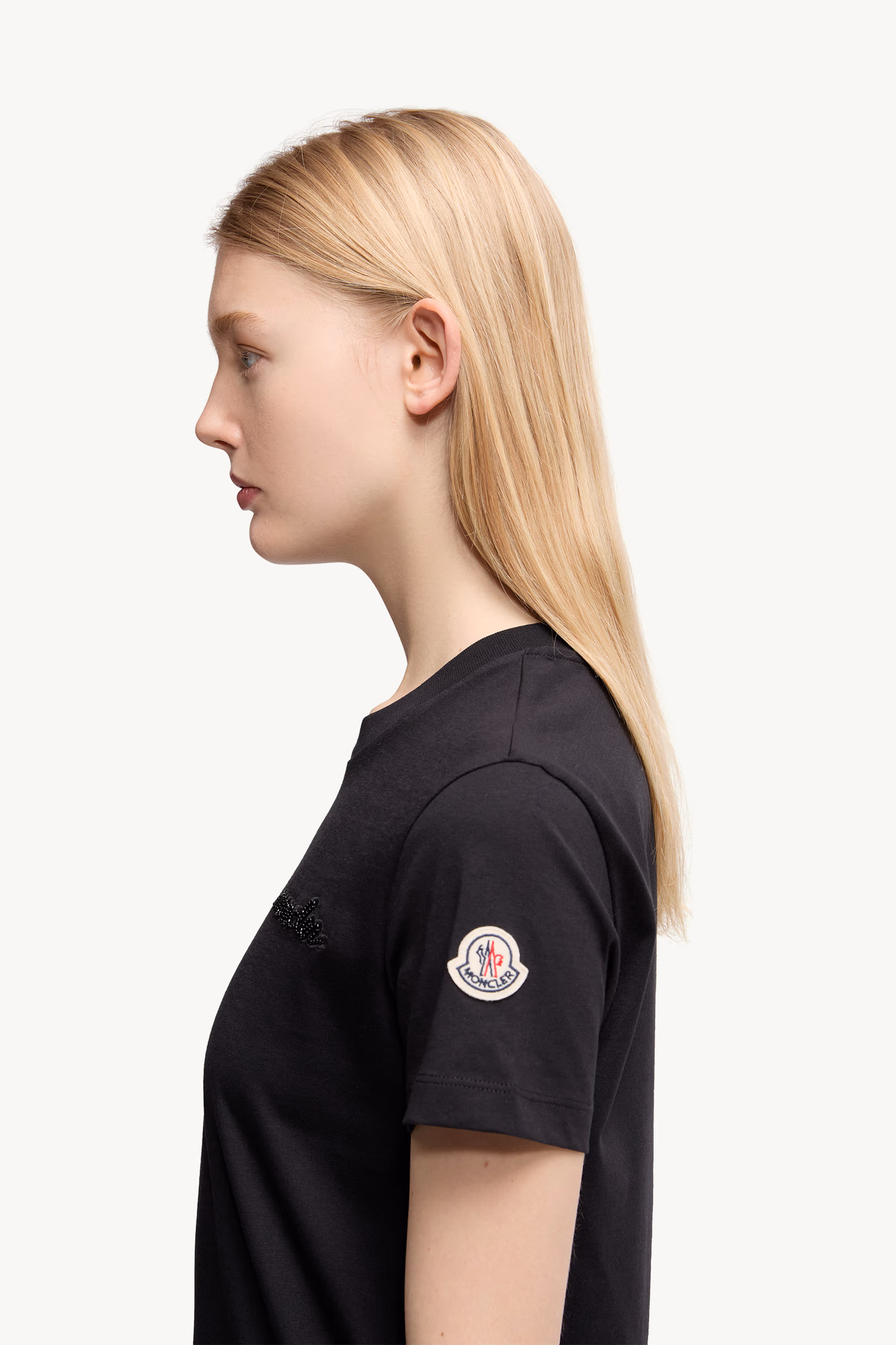 Beaded Logo Cotton T-Shirt Women Black Moncler 4
